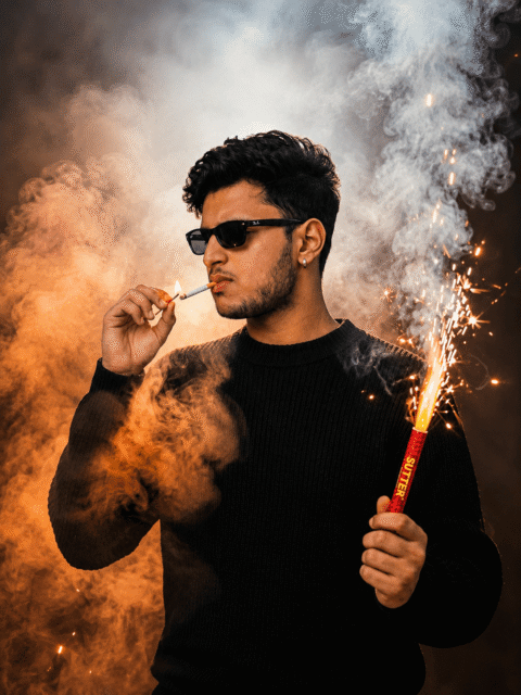 Stylish man wearing black sunglasses with glowing sparklers and smoke effects