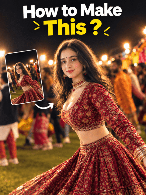 Garba AI dance video tutorial showing a woman in a maroon and gold lehenga