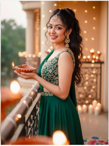 Diwali AI Photo Editing Prompt for Girls with emerald green outfit and glowing diya