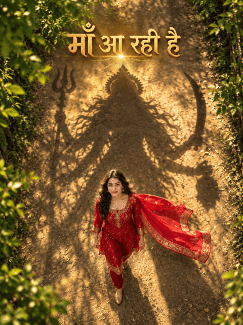 Maa Kali AI video concept with a woman walking in a red outfit and a divine shadow